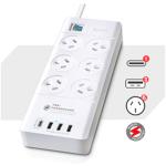 Sansai PAD-8066 6 Outlet USB-A & USB-C Powerboard Surge and overload protected 375J USB-C, PD3.0 Power Delivery 20W max.