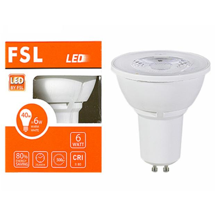 Buy the FSL LED Bulb GU10-6W - GU10 - Warm White 3000K - 500lm -  Non-Dimmable ( GU10-6-30/K159/14 ) online - PBTech.com